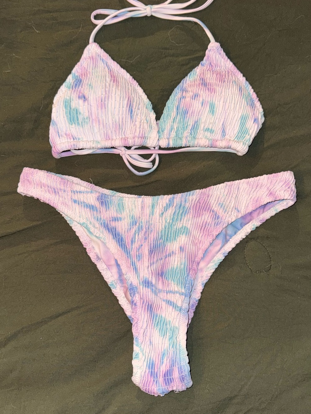 Tie-Dye Textured Triangle Bikini Set - Pastel Pink & Blue
